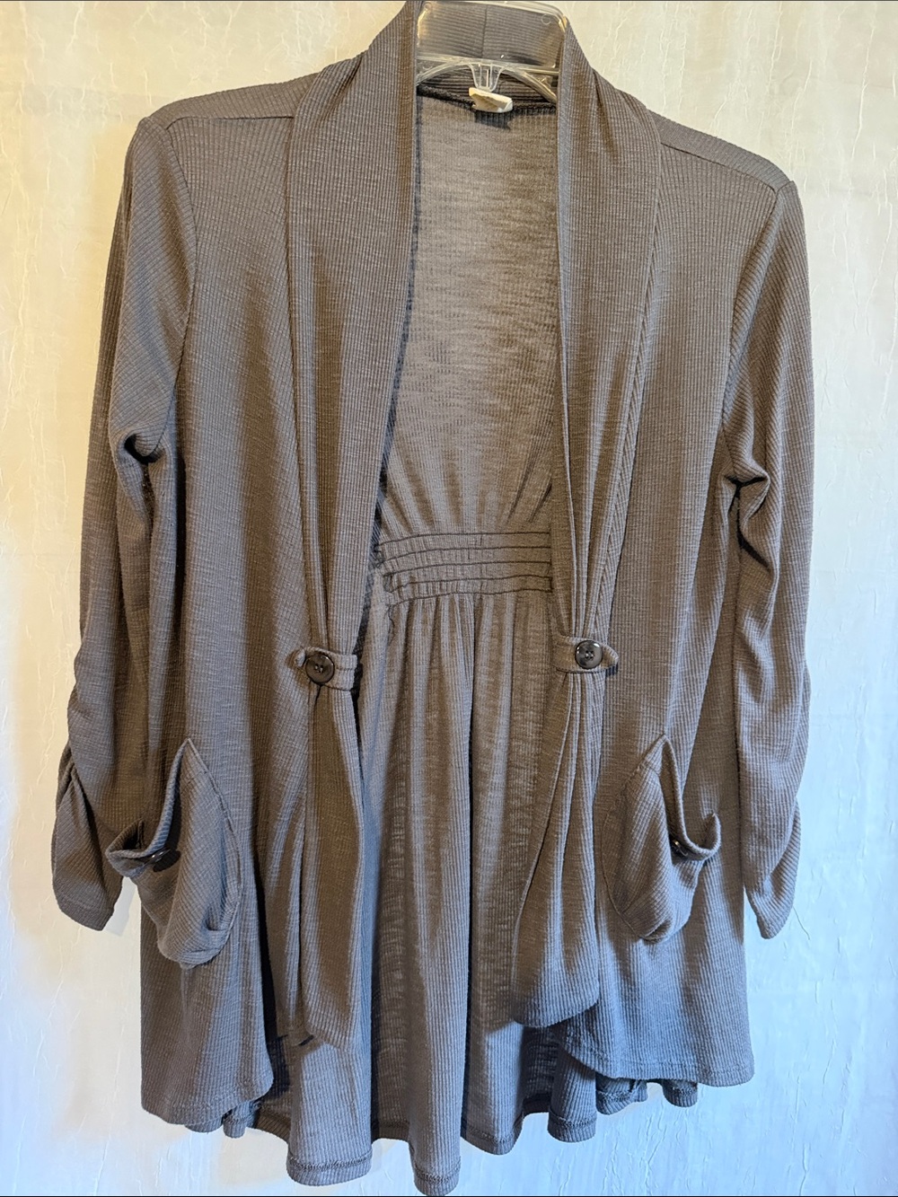 Love By Design M  Grey Ribbed Open-Front Draped Cardigan
